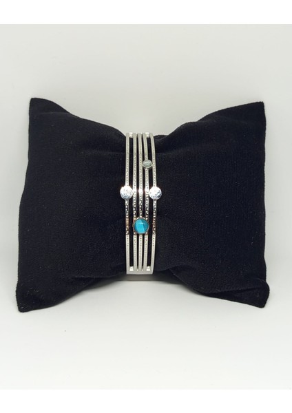 Turkuaz Taşlı Çoklu Şerit Çelik Kelepçe Bileklik Gümüş Renk
