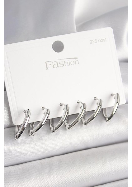 925 Ayar Gümüş Çivi Pirinç Gümüş Renk Üçgen Model Kadın Küpe Seti - BKP10414 (800800)