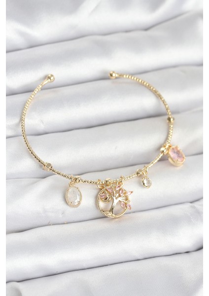 Zarif Bilekler Için Golden Pirinç Hayat Ağacı Charmlı Kadın Bileklik