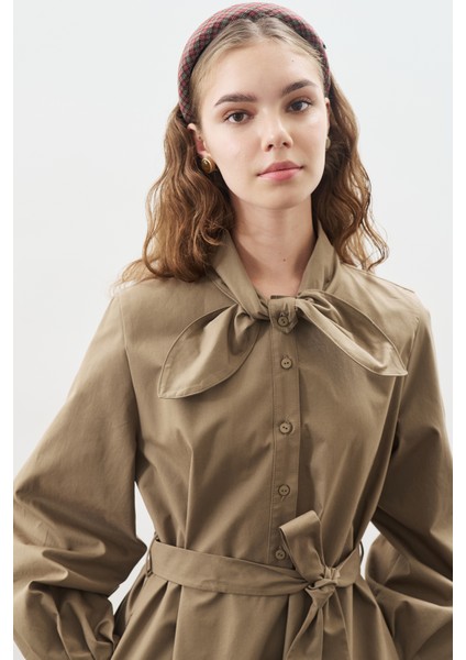 Yakası Bağlama Detaylı Elbise Haki modelleri