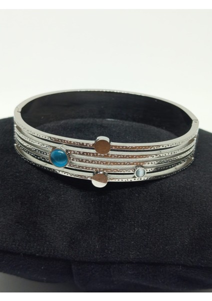 Turkuaz Taşlı Çoklu Şerit Çelik Kelepçe Bileklik Gümüş Renk modelleri