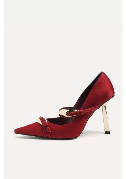 255015 Metal Tokalı Stiletto Bordo Saten