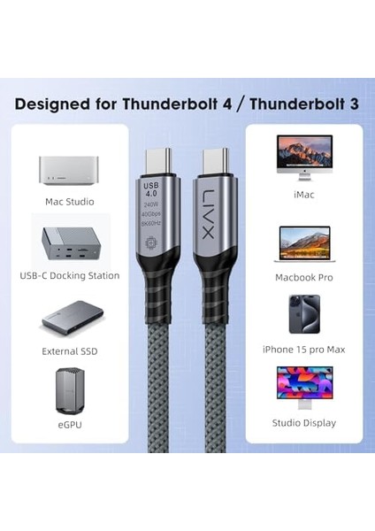 Type C To Type C Usb4.0 240W 40GBPS 8k60hZ Uzatma Kablosu 1 Metre Lcu modelleri
