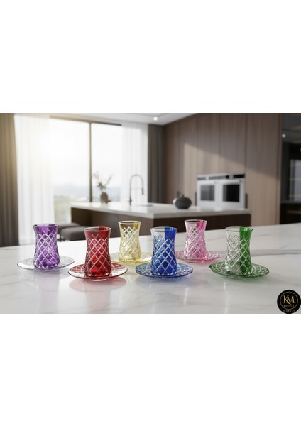 El Yapımı Kristal Split Çift Desen Çay Bardağı Seti 6'lı