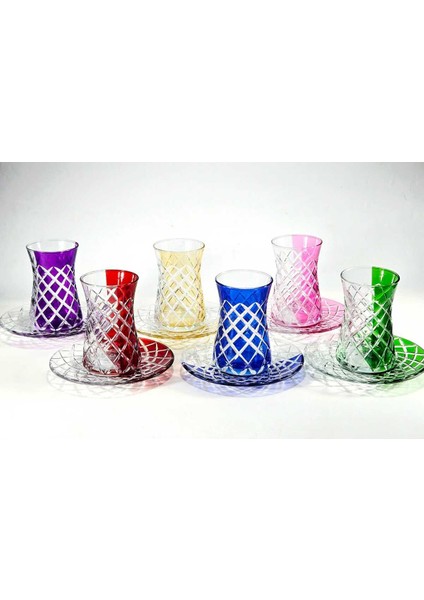 El Yapımı Kristal Split Çift Desen Çay Bardağı Seti 6'lı modelleri