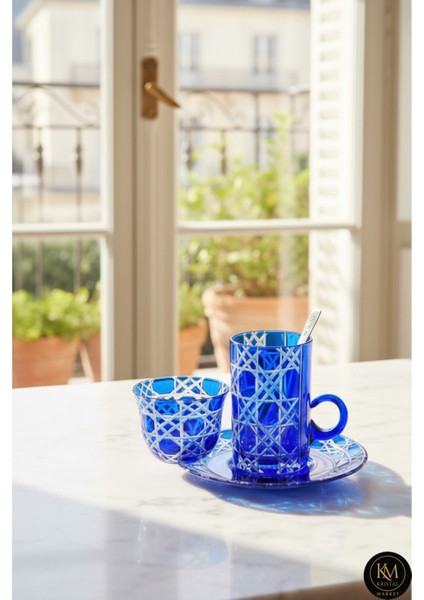 El Yapımı Kristal Desenli Mavi 6 Kişilik Çay Takımı Set 18 Parça