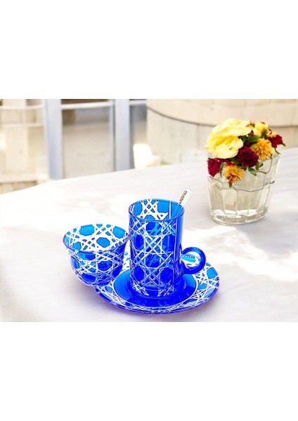 El Yapımı Kristal Desenli Mavi 6 Kişilik Çay Takımı Set 18 Parça fiyatları