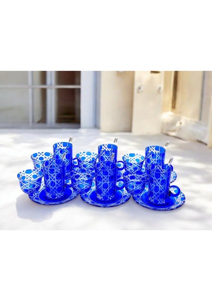 El Yapımı Kristal Desenli Mavi 6 Kişilik Çay Takımı Set 18 Parça modelleri