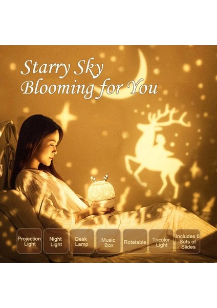 Müzikli Çocuk Tavşan Projektör Uyku Gece Lambası Yıldızlı Gökyüzü Projektörü Uzaktan Kumandalı LED