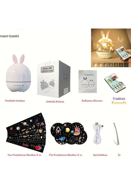 Müzikli Çocuk Tavşan Projektör Uyku Gece Lambası Yıldızlı Gökyüzü Projektörü Uzaktan Kumandalı LED