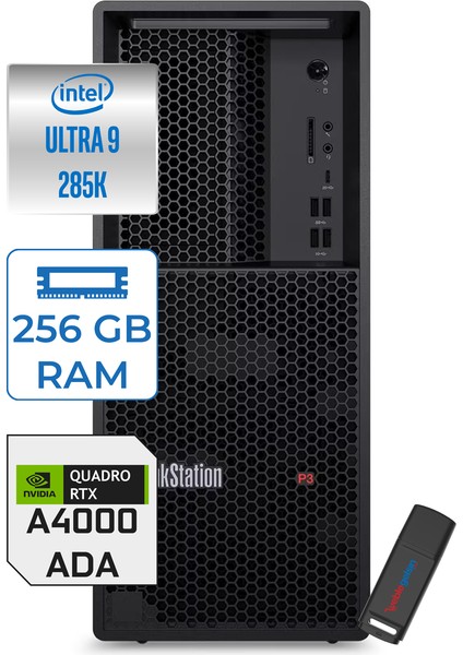 Thinkstation P3 Tower Gen 2 Intel Vpro Core Ultra 9 285K 256GB Ddr5 4tb SSD 20GB/RTX4000 Windows 11 Pro Masaüstü Iş Istasyonu 30HT004JTRP36 + Zettausb