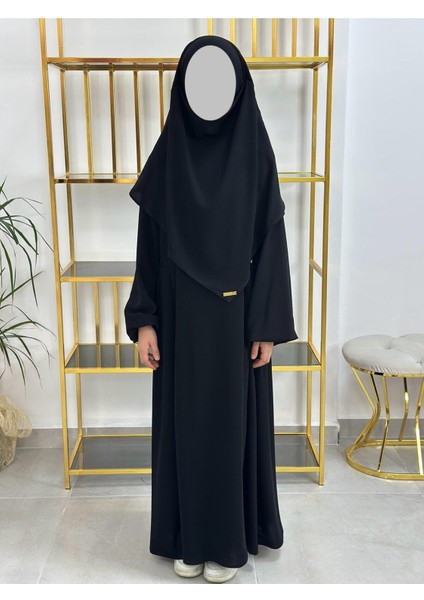 Kız Çocuk Tesettür Elbise,sufle Eşarp Takım Siyah