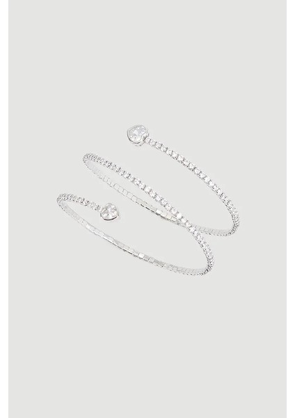 Çift Sıra Kalp Detaylı Taşlı Kelepçe Bilezik - Gümüş