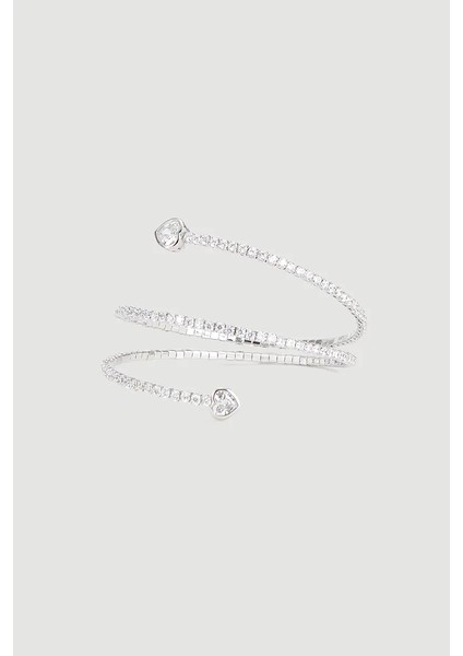 Çift Sıra Kalp Detaylı Taşlı Kelepçe Bilezik - Gümüş modelleri