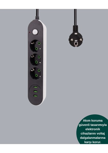 2 Metre Kablolu 3 USB Portlu Anahtarlı Üçlü Priz - M760B082-N78760 modelleri