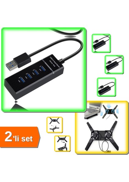 2 Fanlı Notebook Soğutucu + 4 Girişli USB Çoğaltıcı - 2li Set ZXC456