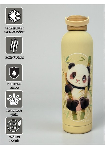 Bambu Kapaklı Krem Renk Panda Figürlü 1000 ml Paslanmaz Çelik Termos