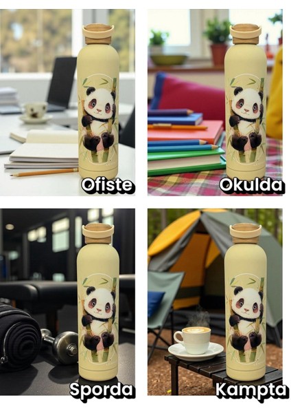 Bambu Kapaklı Krem Renk Panda Figürlü 1000 ml Paslanmaz Çelik Termos modelleri