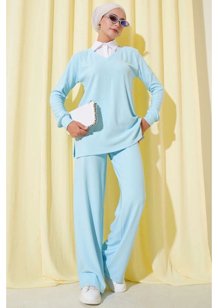 Gömlek Yaka Fitilli Salaş Ikili Takım Buz Mavisi