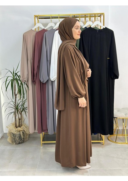Şallı ,tesettür Yandan Büzgülü Elbise Takım ( Hac ve Umre Için Uygundur) Kahve Renk fırsatları