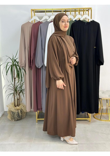 Şallı ,tesettür Yandan Büzgülü Elbise Takım ( Hac ve Umre Için Uygundur) Kahve Renk indirimleri