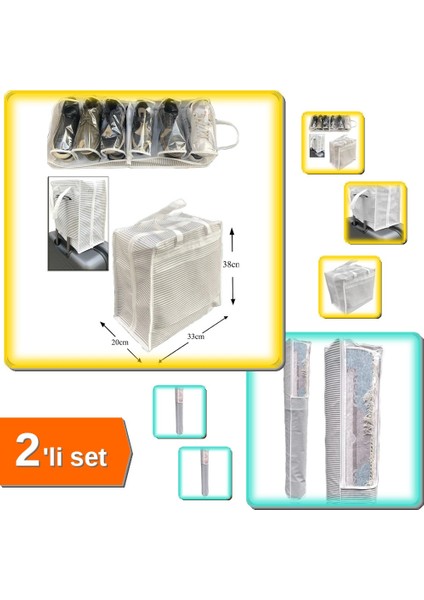 Halı Saklama Hurcu 4m2 Pencereli + Ayakkabı Saklama ve Taşıma Çantası Çizgili Model 2li Set - T5R9BK