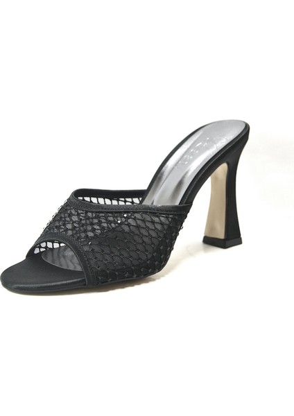 126.345 Siyah Tüllü Topuklu Abiye Kadın Terlik