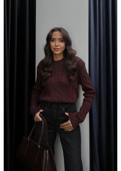 Mürdüm Saç Örgülü Triko Kazak