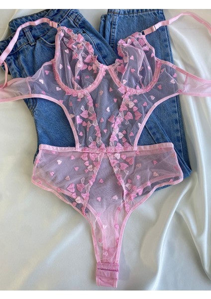 Kadın Dantelli Pembe Kalpli Transparan Çıtçıtlı Body Bodysuit Fantezi Iç Çamaşır fırsatları