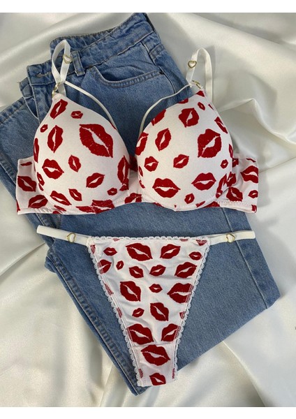 Beyaz Gelincik Underwear Kadın Öpücük Baskılı Ipli Balenli Destekli Dolgulu Push Up Sütyen Takımı Iç Çamaşırı Takımı