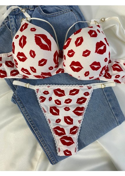 Beyaz Gelincik Underwear Kadın Öpücük Baskılı Ipli Balenli Destekli Dolgulu Push Up Sütyen Takımı Iç Çamaşırı Takımı fiyatları