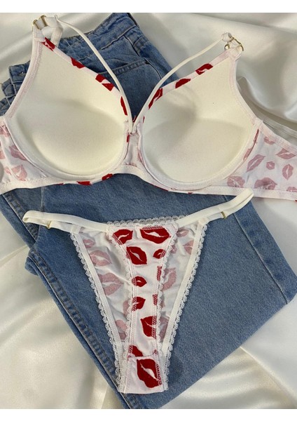 Beyaz Gelincik Underwear Kadın Öpücük Baskılı Ipli Balenli Destekli Dolgulu Push Up Sütyen Takımı Iç Çamaşırı Takımı modelleri
