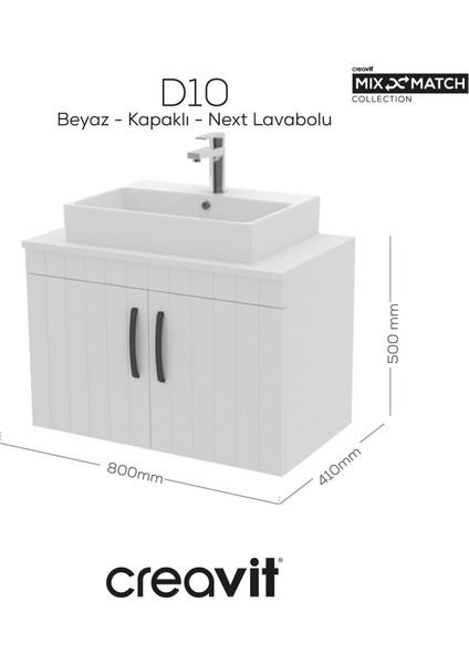 D10 Next Lavabo Dolabı Kapaklı 80 cm Beyaz Lake Kapak