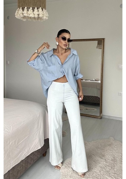 Beli Lastili Geniş Kesim Streç Pantolon Buz Mavi