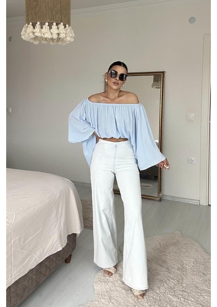 Beli Lastili Geniş Kesim Streç Pantolon Buz Mavi fiyatları