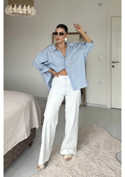 Beli Lastili Geniş Kesim Streç Pantolon Buz Mavi fırsatları