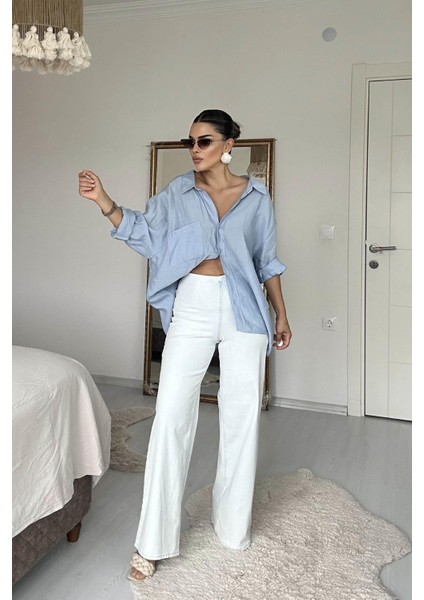 Beli Lastili Geniş Kesim Streç Pantolon Buz Mavi indirimleri