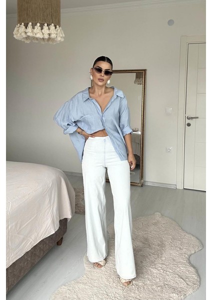 Beli Lastili Geniş Kesim Streç Pantolon Buz Mavi