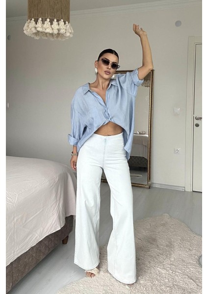 Beli Lastili Geniş Kesim Streç Pantolon Buz Mavi