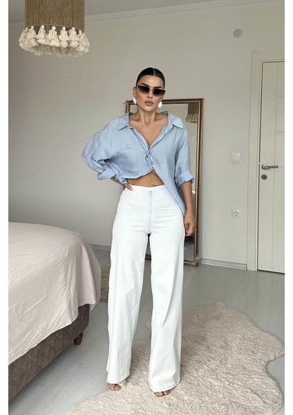 Beli Lastili Geniş Kesim Streç Pantolon Buz Mavi
