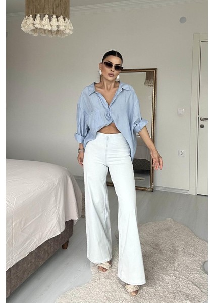 Beli Lastili Geniş Kesim Streç Pantolon Buz Mavi