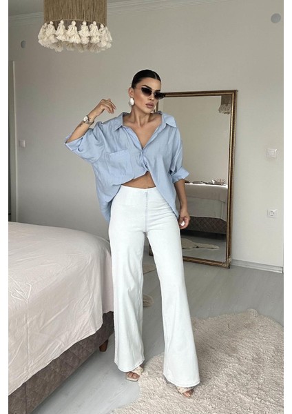 Beli Lastili Geniş Kesim Streç Pantolon Buz Mavi