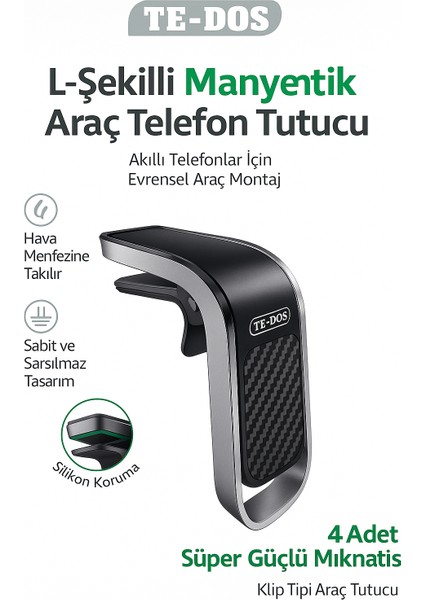 TD-H7513 L Şekilli Manyetik Araç Telefon Tutucu Güçlü Mıknatıs Hava Menfezine Takılır