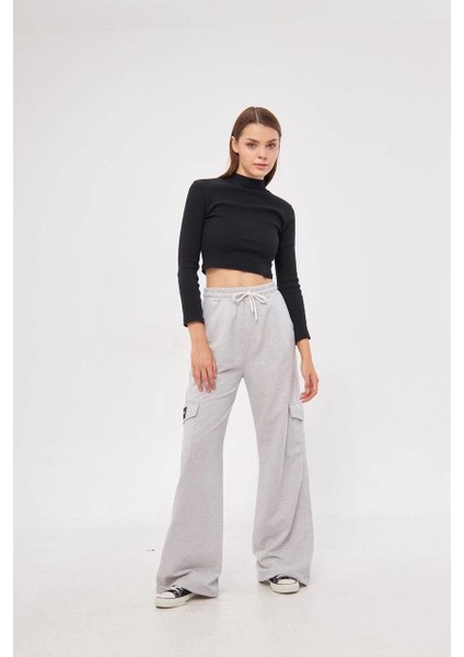 Kargo Cepli Palazzo Oversize Kesim Iki Iplik Bol Paça Eşofman Altı Pantalon - Gri -Vlmr modelleri