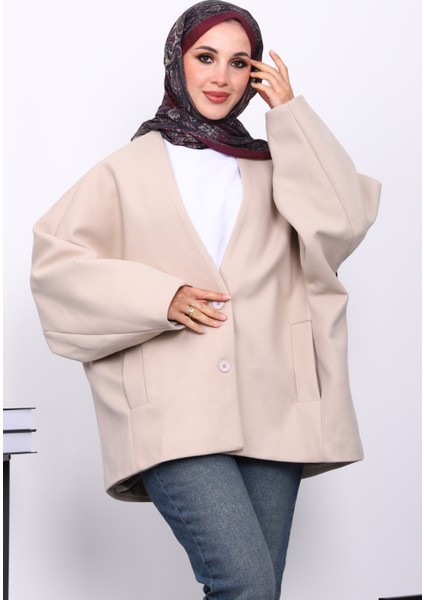 Vizon Düğme Detaylı Astarlı Kaşe Ceket