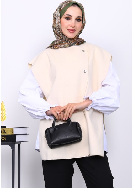 Krem Çıtçıt Detaylı Kaşe Yelek modelleri
