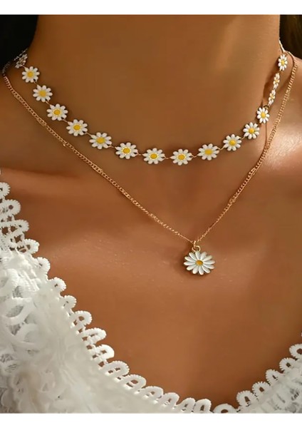 Gold Renk Çelik Papatya Model Mineli Şık Tasarım 2li Şık Trend Yeni Sezon Kolye fiyatları