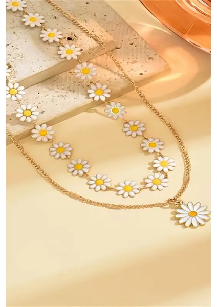 Gold Renk Çelik Papatya Model Mineli Şık Tasarım 2li Şık Trend Yeni Sezon Kolye modelleri