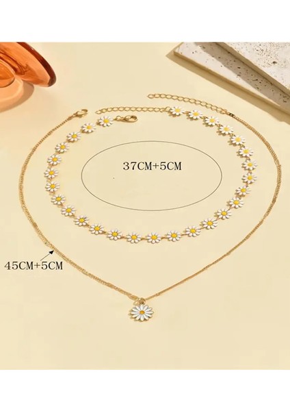 Gold Renk Çelik Papatya Model Mineli Şık Tasarım 2li Şık Trend Yeni Sezon Kolye fırsatları