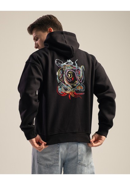 Nightfall Erkek Yumusaçık Kumaşlı Kapüşonlu Oversize Fit Nakışlı Siyah Sweatshirt